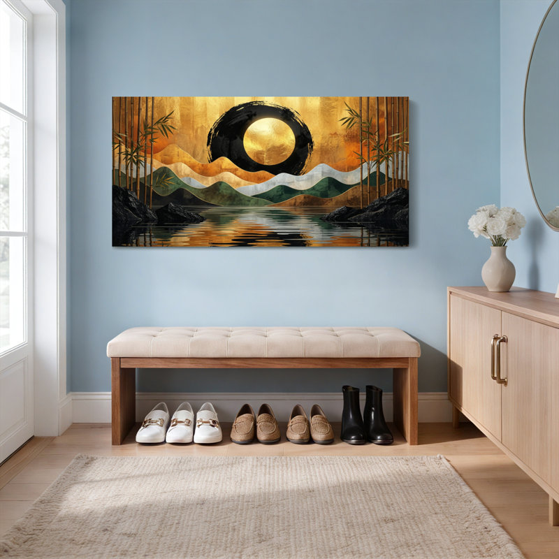 Ensemble de 1 tableau sur toile tendue représentant un paysage zen abstrait avec soleil et bambous, H 20 po x l 40 po