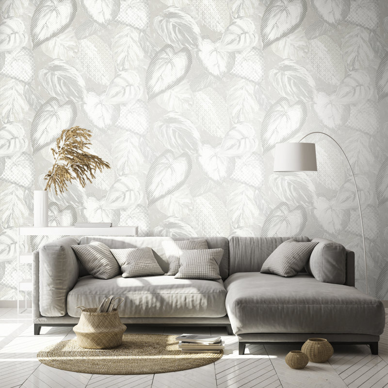 Chelchowska Collection Glass Bead Finish Ficus Leaf 10.05m x 70cm Wallpaper Roll, Cream
