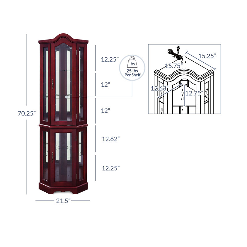 Agaran Lighted 3-Side Glass Display Curio Cabinet w/ Tempered Glass Doors and Shelves, Curved Wood Corner Cabinet with Bulb, Corner Storage Rack