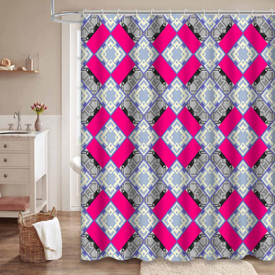 Rideau de douche moderne moderne à motif géométrique bleu magenta avec 12 crochets
