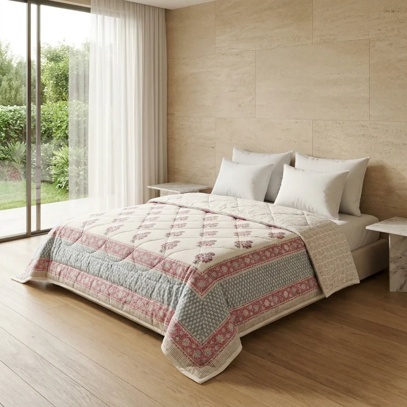 100% Cotton Muslin Reversible Comforter | Hypoallergenic Jaipur Hand Block Print, King, Pink