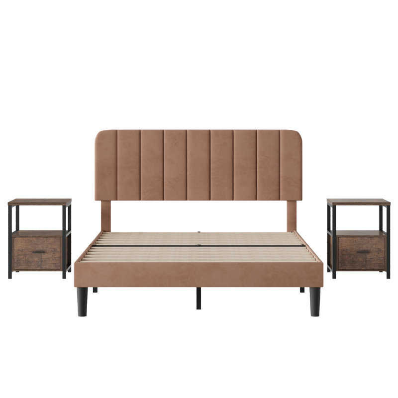 3 Piece Bedroom Set, Velvet Upholstered Bed Frame With Matching Nightstand Set Of 2, Adjustable Headboard, Wood Slats Support, No Box Spring Needed