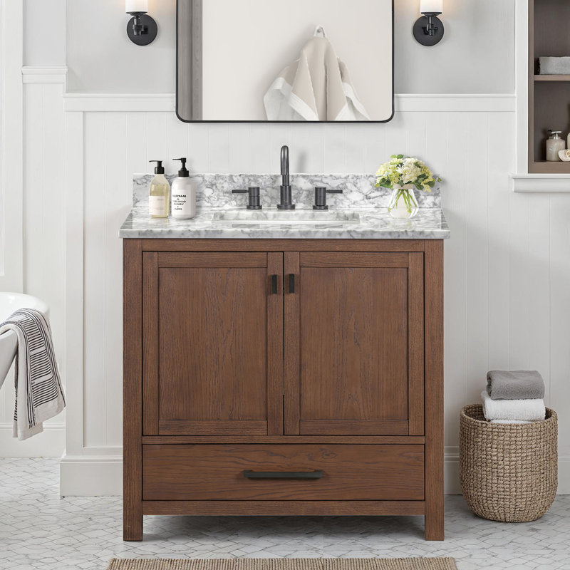 Modero 36" Single Bathroom Vanity with Top, Carrera White Marble, Mocha Oak, Black