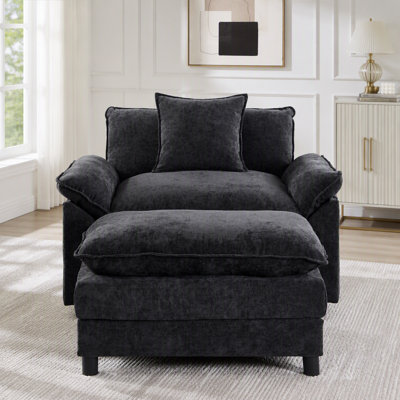 Modern Accent Chair with Ottoman, Chenille Fabric, Solid Wood Frame