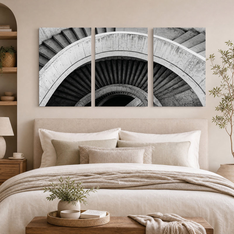 Ensemble de 3 toiles murales représentant un escalier en colimaçon en béton noir et blanc, 24"H x 16"W x 3pcs
