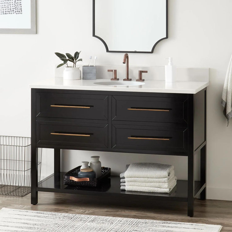 48" Robertson Single Bathroom Vanity Set with Oval Undermount Sink, Black, 8" Widespread, Arctic White Quartz