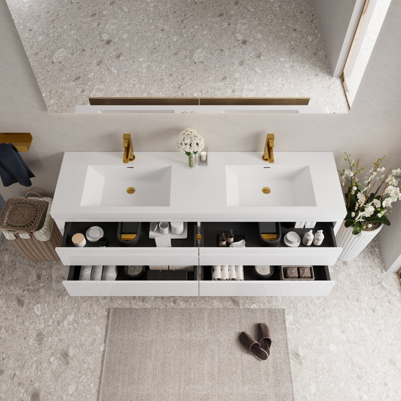 Meuble-lavabo mural avec double lavabo, comptoir en résine de pierre, Blanc, L 60 po x H 22,5 po