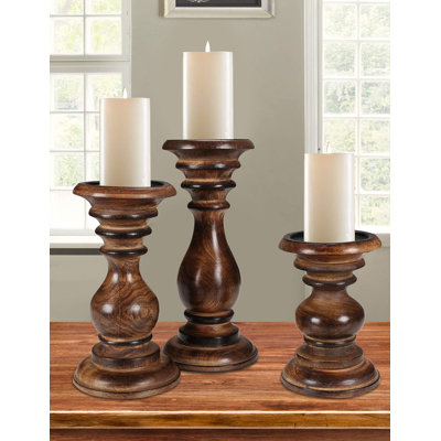 Burnt Mango Wood Pillar Candle Holders, Set of 3