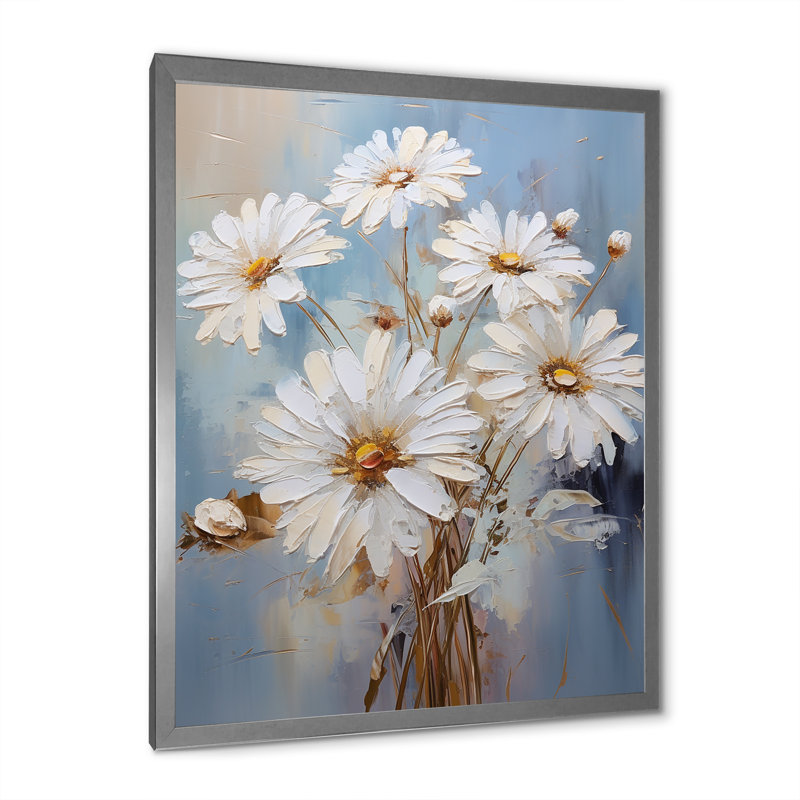 Marguerite blanche en fleurs élégance IV - imprimé, H 32 po x l 24 po x P 1 po, Cadre simple argenté
