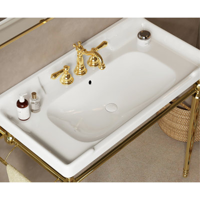 Meuble-lavabo de 36 po, céramique avec 3 trous de robinet pré-percés, pieds en acier inoxydable robuste et barre à serviettes, option dorée disponible ici: lavabo blanc et support, couleur dorée