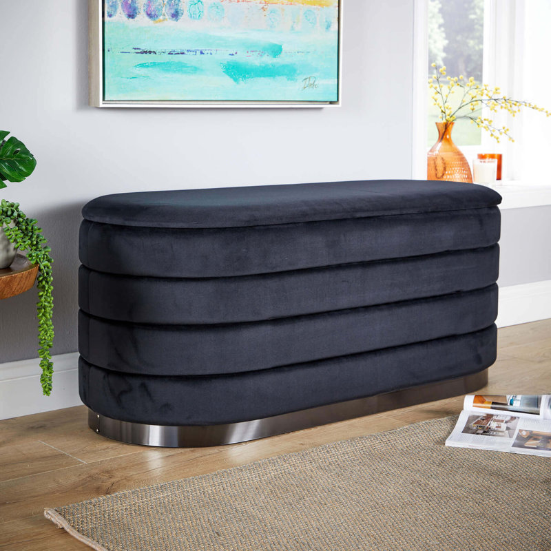 Adheen 80cm Wide Velvet Rectangle No Pattern Standard Ottoman with Storage, Black