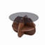 Table basse à structure croisée Creative avec plateau en verre trempé gris et rangement en forme d'éventail de couleur noyer. Parfait pour les salons, comme table basse ou table d'appoint. Idéal pour les petits espaces.