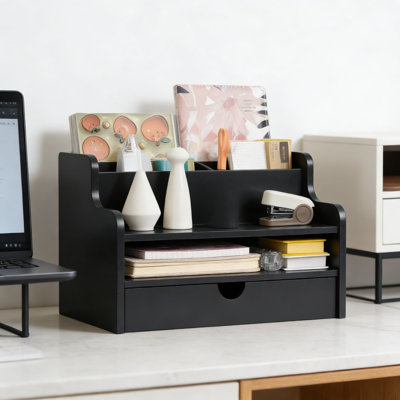 Trieur de courrier en bois et organisateur de bureau avec tiroir et tablette, porte-classeur à 4 fentes pour le courrier, les factures, les stylos et les fournitures de bureau, aucun assemblage requis