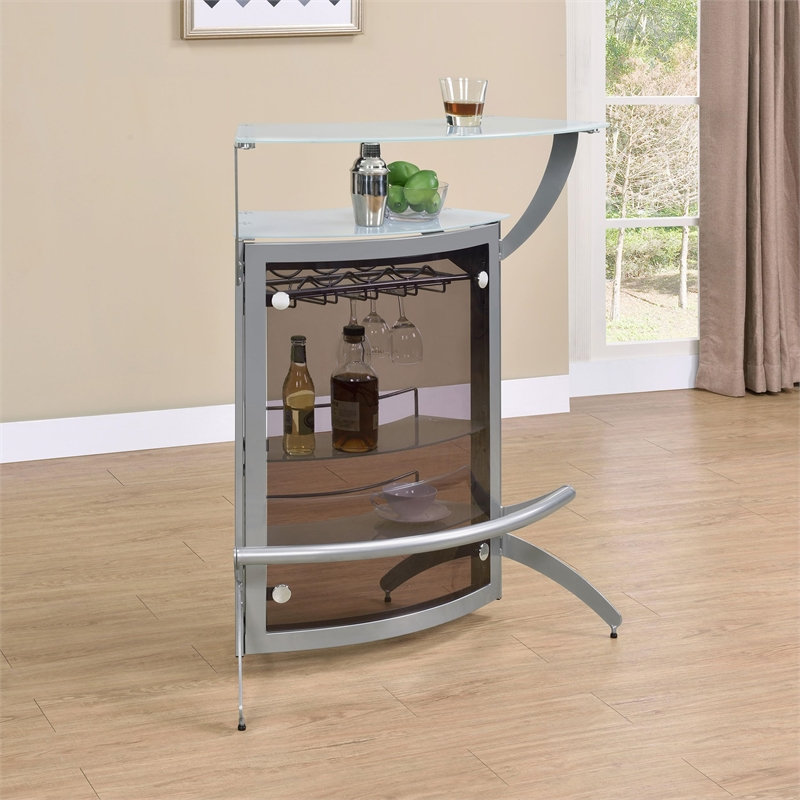Armoire de bar autoportante courbée à 2 tablettes argent