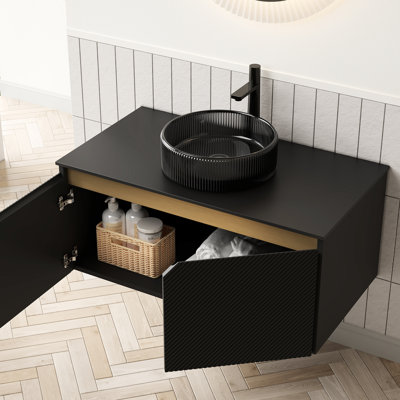 , Meuble-lavabo de 36 po, lavabo rond en verre noir transparent, armoire à double contreplaqué en sergé, garniture en métal, plateau en pierre frittée de 36 po,