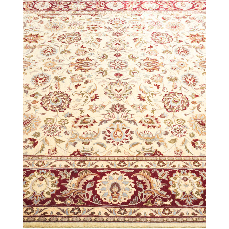 Ivory and Red Hand-Knotted Square Wool Area Rug
