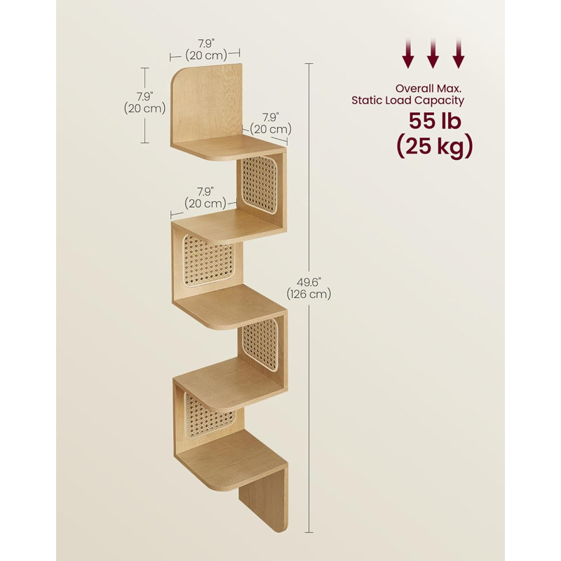 5-Tier Corner Shelf, Wall Mounted Floating Shelf, Zigzag Corner Shelf Unit, PVC Rattan Sides, Space-Saving, Oak Beige