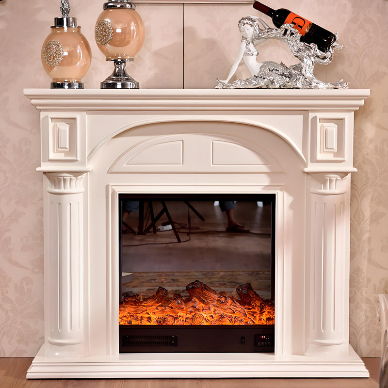 47.24"White Retro Solid Wood Electric Fireplace, White