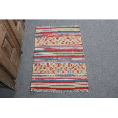 Handwoven Turkish Kilim Door Mat with Striped Pattern and Vibrant Geometric Home Decor Design