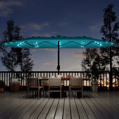 Parasol de patio double face 15 pi avec base et lumières DEL, abat-jour de marché extérieur avec manivelle, mât en acier résistant à la rouille pour table de billard et de jardin, bleu