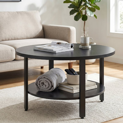 Single Coffee Table With Storage, Accent Center Table, 31.5in Round Coffee Table with 2-Tier Storage Shelves, Easy Assembly for Living Room Home Offi