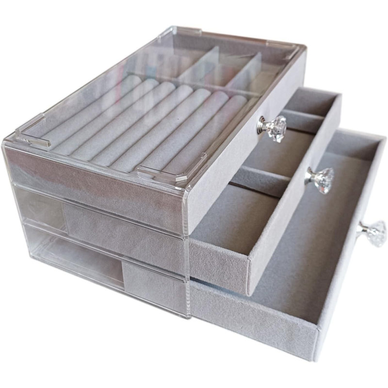 Boîte à bijoux à trois tiroirs en acrylique pour bagues et accessoires, Gris