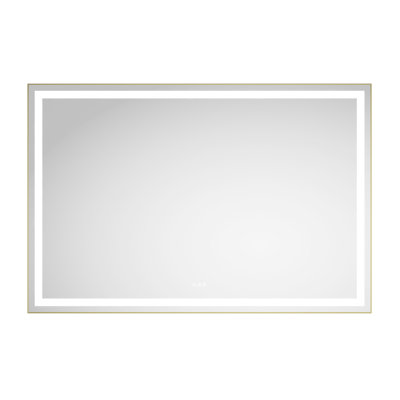 Miroir de salle de bain 72 po x 48 po Brouillard, 3 températures de couleur, gradation continue. Fixation murale avec cadre en aluminium brossé doré et miroir à effets d'éclairage avant et arrière. Options, monté, mémoire