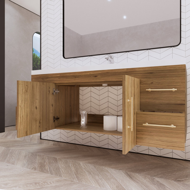 Berner 59" Wall-Mounted Single Bathroom Vanity Set, Natural Oak