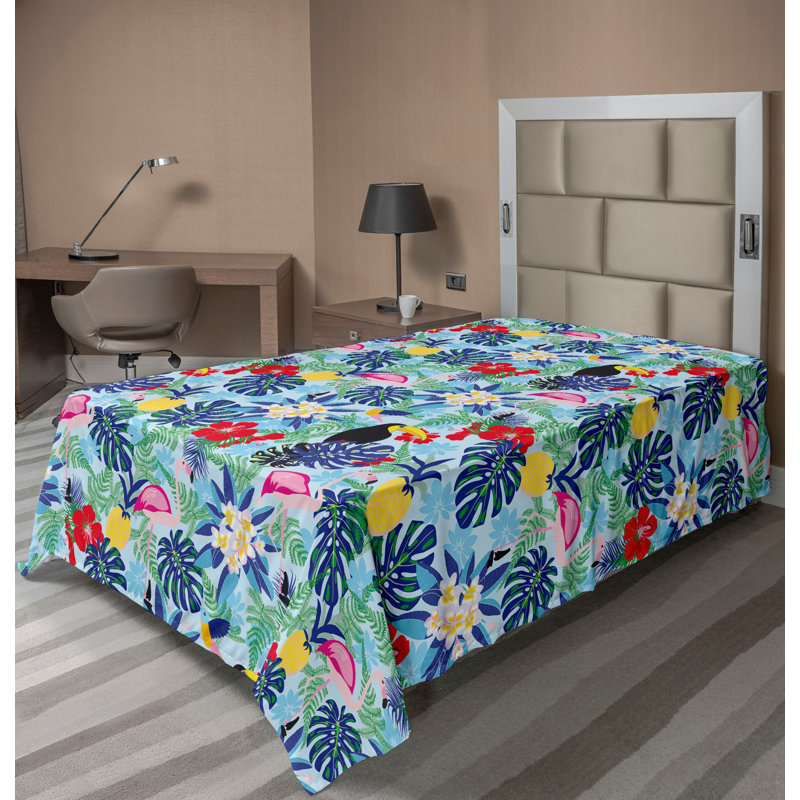 Drap plat Ambesonne Exotic Birds Toucan Flamingo Floral bleu ciel multicolore, Drap plat pour lit simple