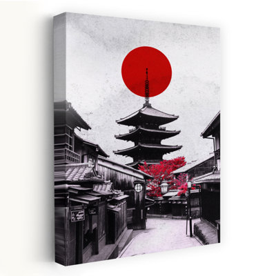 Reproduction d'art contemporain de la pagode de Kyoto, soleil rouge
