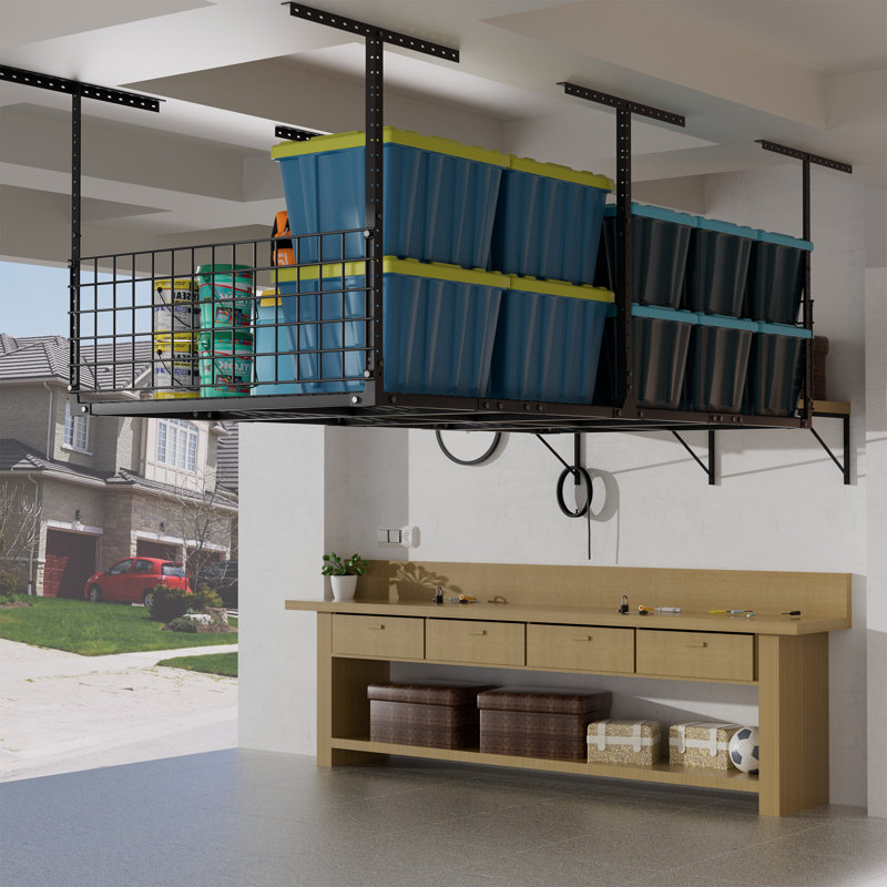 4x8FT Overhead Garage Storage Rack, Heavy-Duty Adjustable Ceiling Shelving System (22"-42"H) with Side Guardrails, 700 lb Capacity