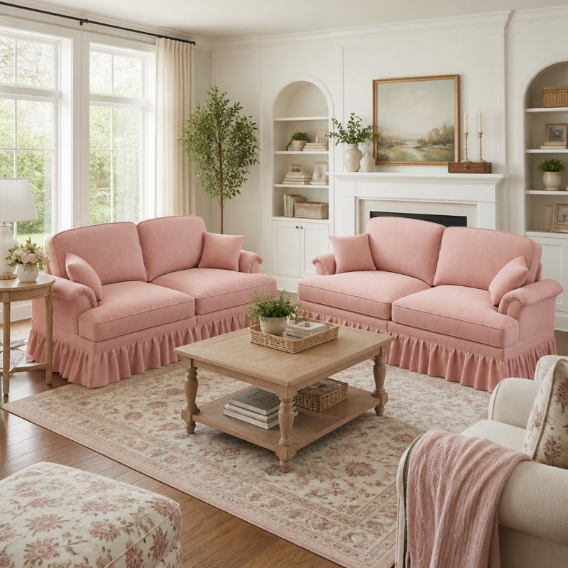 Ensemble de canapé causeuse 2 pièces en chenille rose avec accoudoirs évasés et pieds fuselés