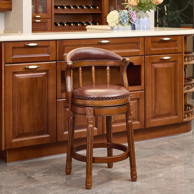 Genuine Top Grain Leather Swivel Bar Stool with Solid Rubberwood Frame, Mid-High Back Design
