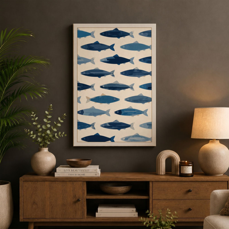 Swimming Fish Pattern Geometric 1 Piece Wrapped Canvas Wall Art, 30x20 - 76.2 x 50.8 cm, Ochre Border