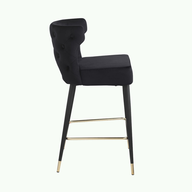 Black Velvet Upholstered Counter Height Bar Stools with Gold Tipped Legs