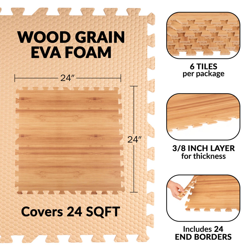 Carreaux de sol en mousse Stalwart - 24 tuiles de mousse à grain de bois SQFT avec bordure - Tapis de jeu en mousse pour salle de jeu ou de gymnastique
