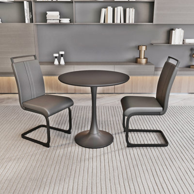 Table de salle à manger 31,5 "circulaire noire, table de salle à manger Tulip, table de salle à manger pour 2 à 4 personnes, plateau et base en panneau de fibres à densité moyenne et 2 chaises de salle à manger en métal noir