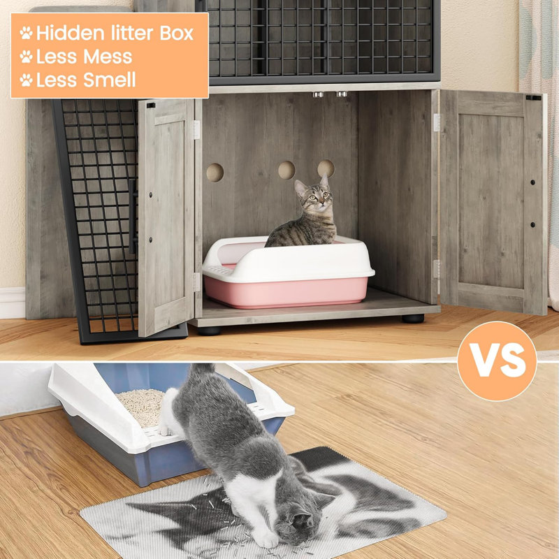 Gray MDF and Iron Cat Litter Box Enclosure with Ladder