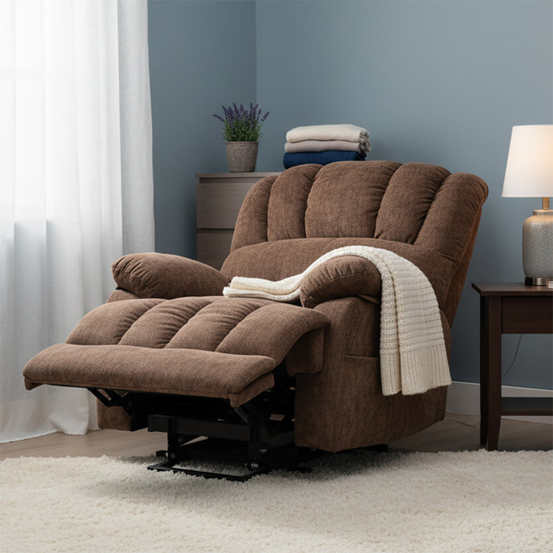 Large Size Power Chenille Upholstered Recliner Chair with Lift Base and Massage Heating Function, Brown