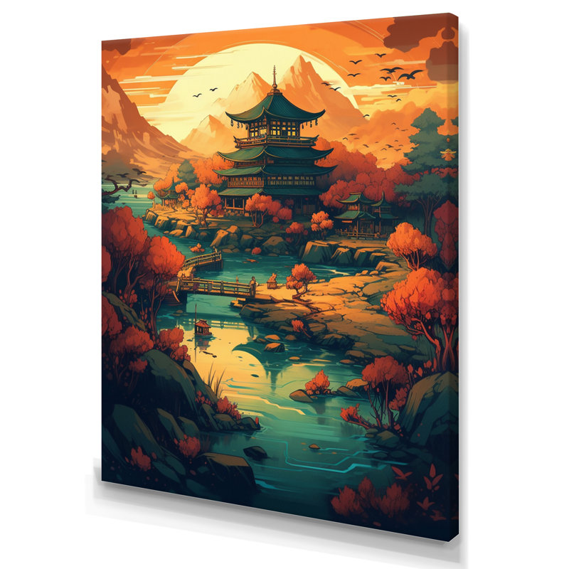 Coucher de soleil intense sur les montagnes d'Asie I - reproduction, H 32 po x l 24 po x P 1 po, Toile tendue