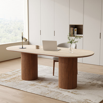 71" Modern Oval Writing Desk,Glossy White Office Table,with Double Solid Wood Legs