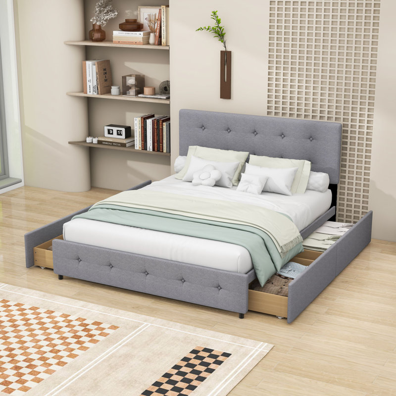 Queen Sized Upholstered Platform Bed with Tufted Headboard and Built-in Storage Drawers, Light Gray