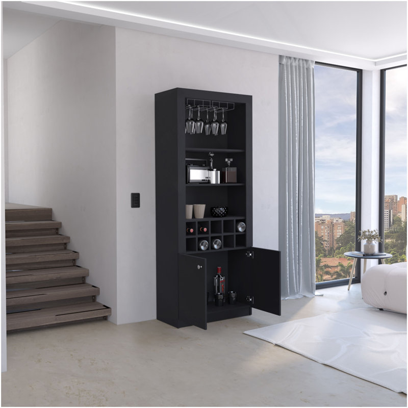 Cabinet 4 niveaux, porte-verres à vin, armoire à vin, armoire à boissons alcoolisées, casiers à 10 bouteilles, 4 tablettes, noir