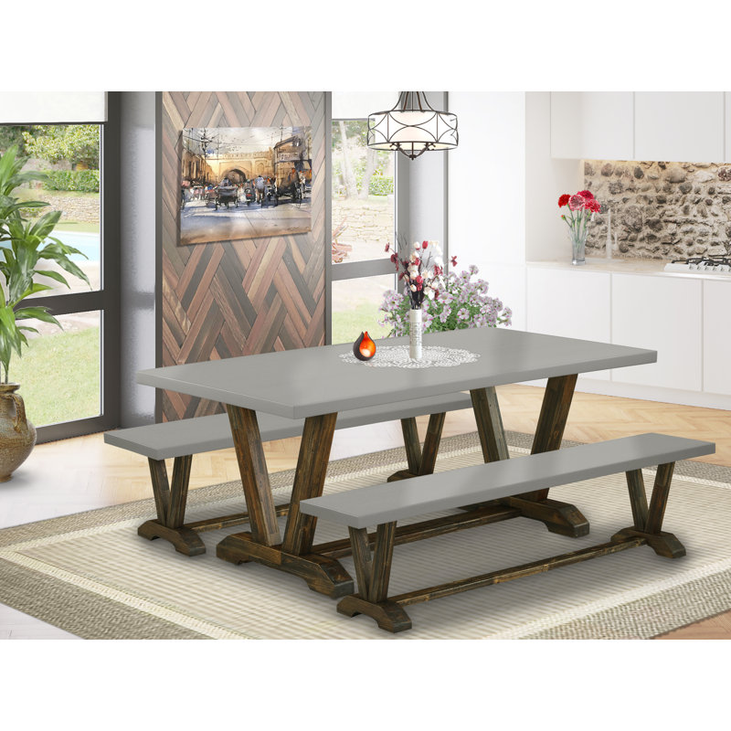 3-Piece Table Set Consists of a Dining Table and 2 Mid Century Modern Benches - Cement Table Top and Distressed Jacobean Finish
