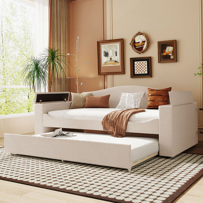 Lit de jour rembourré avec accoudoirs de rangement, lit gigogne et dernier système audio Bluetooth intégré, Beige, Simple