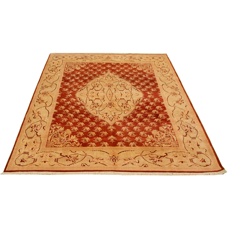 Tapis décoratif en laine noué à la main de conception unique 8 pi x 10 pi 1 po « New Age » en cuivre foncé/beige