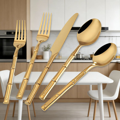 Ensemble de couverts 40 pièces en acier inoxydable pour 8 personnes, ensemble de couverts en titane renforcé de bambou doré avec finition miroir et poignées ergonomiques