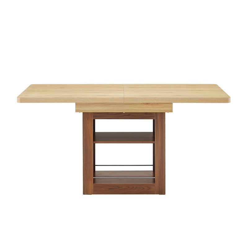 Une table de salle à manger extensible avec espace de rangement, une table de salle à manger extensible de 59 à 71 pouces. Table rectangulaire en bois avec structure en panneau de fibres à densité moyenne de couleur noyer pouvant accueillir 4 à 8 personnes.