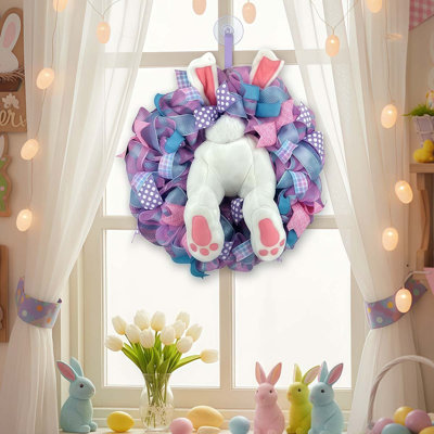 Couronne de décoration en maille, 15,7 pouces, oreilles de lapin de Pâques pour porte d'entrée, décoration de Pâques au printemps, jolie couronne de lapin pour porte et porche de décoration intérieure