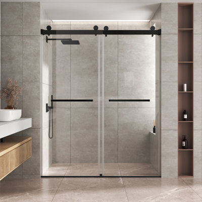56”-60”W*76”H Double Sliding Frameless Shower Door with 3/8”(10mm) Thickened Upgrade Tempered Glass,stainless steel hardware,Matte Black